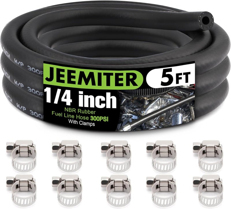 Jeemiter 1/4" ID Fuel Line Hose 5FT - SAE 30R7 NBR Rubber Replacement Kit with 10 Clamps - Short Length for Lawn Mower, Generator, ATV, Motorcycle & Small Engines - Image 1